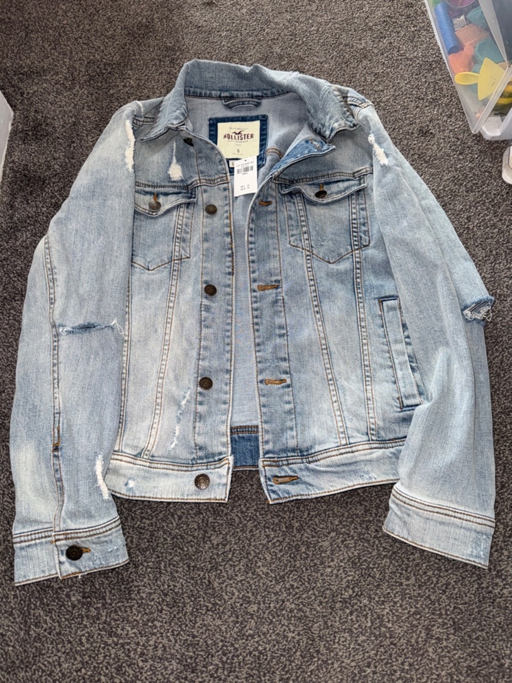 Hollister Light Wash Distressed Denim Jacket Unisex Small Y2K Style
